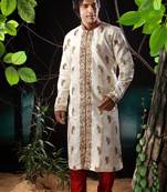 Fawn embroidered art silk sherwani