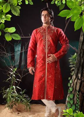 Red embroidered art silk sherwani 1