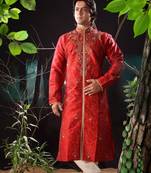 Red embroidered art silk sherwani