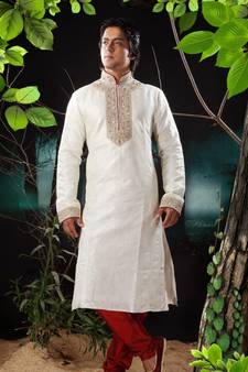 Fawn embroidered art silk kurta-pajama