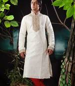 Fawn embroidered art silk kurta-pajama