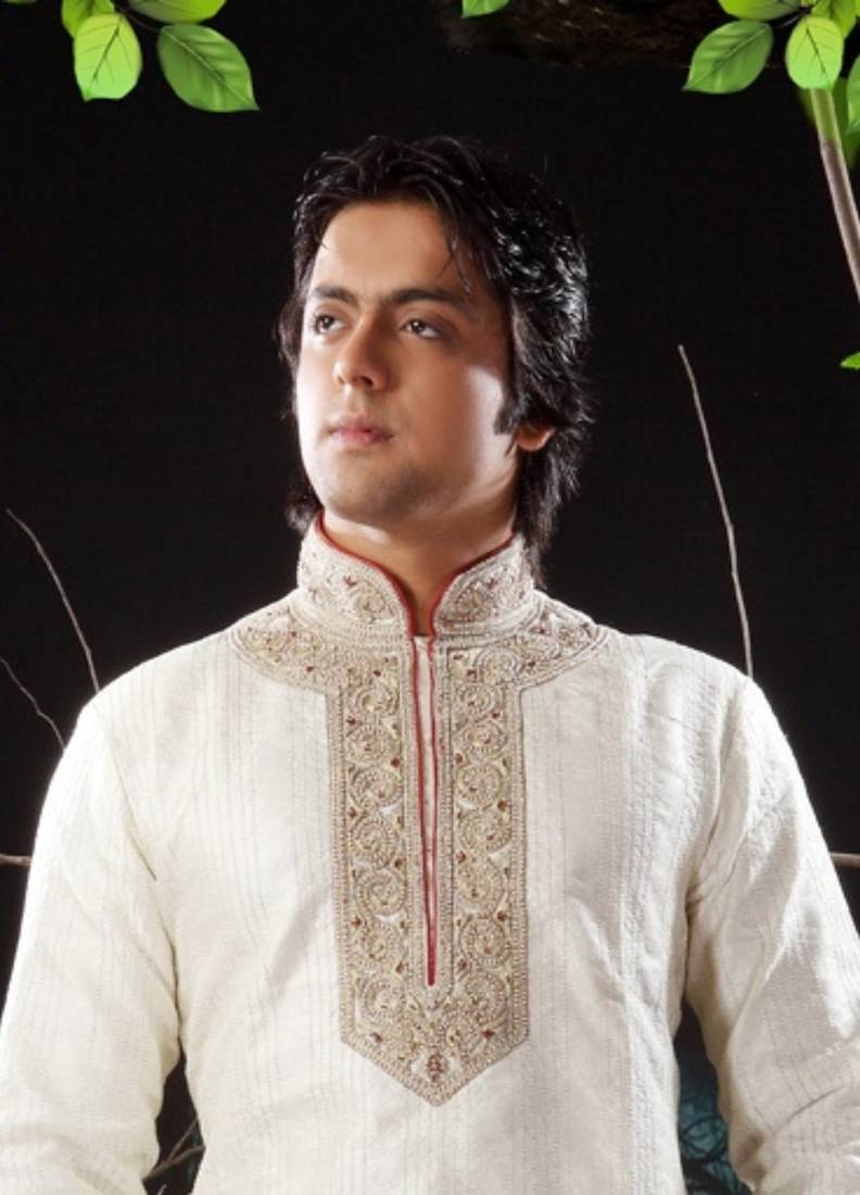 Fawn embroidered art silk kurta-pajama