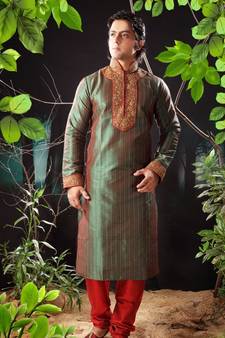 Green embroidered art silk kurta-pajama