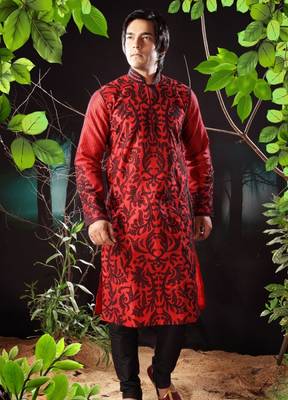 Red embroidered art silk kurta-pajama 1