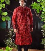 Red embroidered art silk kurta-pajama