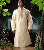 Fawn embroidered art silk kurta-pajama
