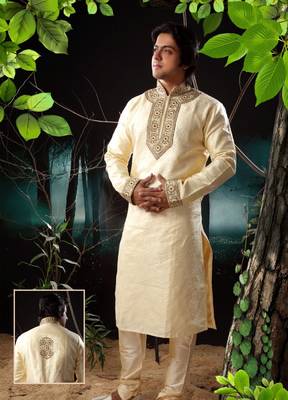 Fawn embroidered art silk kurta-pajama 1