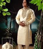 Fawn embroidered art silk kurta-pajama