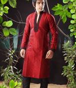 Red embroidered art silk kurta-pajama