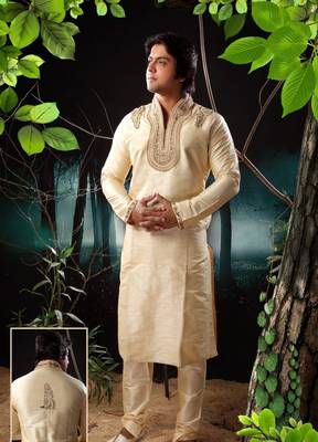 Fawn embroidered art silk kurta-pajama 1