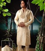 Fawn embroidered art silk kurta-pajama
