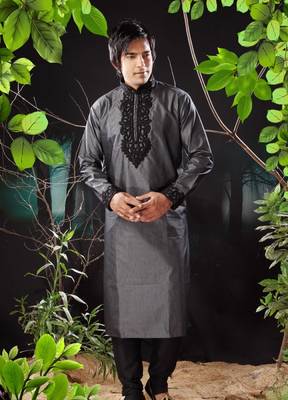Grey embroidered art silk kurta-pajama 1