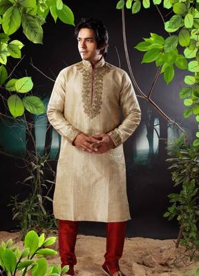 Fawn embroidered art silk kurta-pajama 1