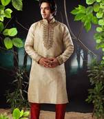 Fawn embroidered art silk kurta-pajama