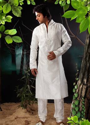 White embroidered art silk kurta-pajama 1
