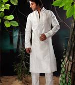 White embroidered art silk kurta-pajama