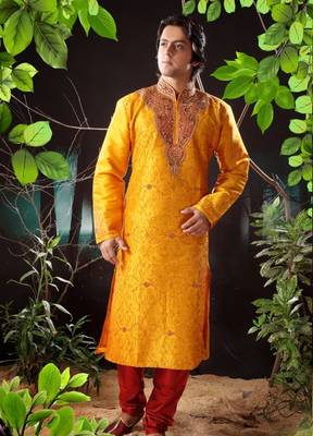 Yellow embroidered art silk kurta-pajama 1