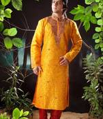 Yellow embroidered art silk kurta-pajama