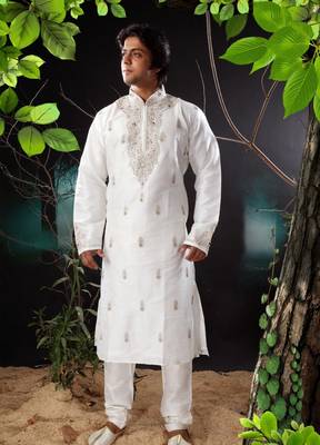 Fawn embroidered art silk kurta-pajama 1