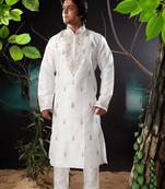 Fawn embroidered art silk kurta-pajama