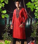 Red embroidered art silk kurta-pajama
