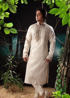 Fawn embroidered art silk kurta-pajama 1