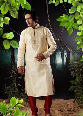 Fawn embroidered art silk kurta-pajama 1