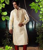 Fawn embroidered art silk kurta-pajama