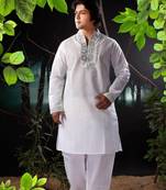 White embroidered linen kurta-pajama