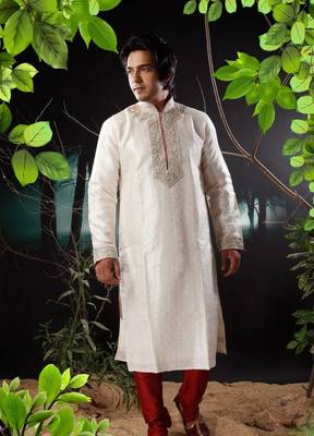 Fawn embroidered art silk kurta-pajama 1