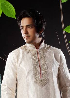 Fawn embroidered art silk kurta-pajama 2