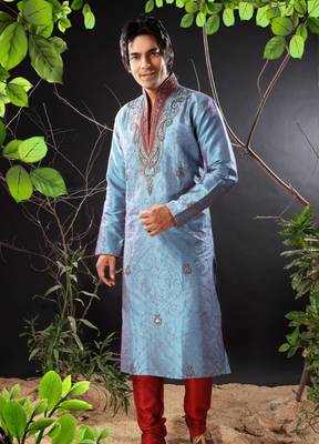 Turquoise embroidered art silk kurta-pajama 1