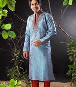 Turquoise embroidered art silk kurta-pajama