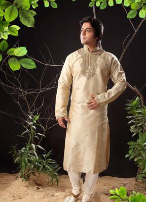 Fawn embroidered art silk kurta-pajama 1