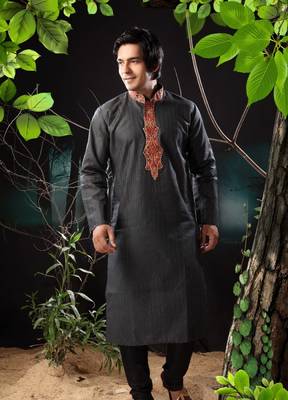 Black embroidered art silk kurta-pajama 1