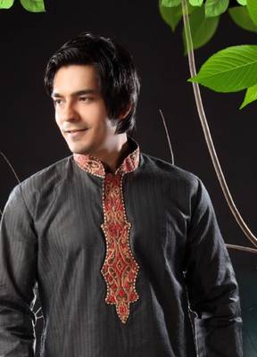 Black embroidered art silk kurta-pajama 2