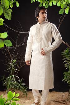 Fawn embroidered art silk kurta-pajama