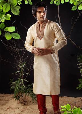 Fawn embroidered art silk kurta-pajama 1