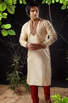 Fawn embroidered art silk kurta-pajama