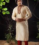Fawn embroidered art silk kurta-pajama