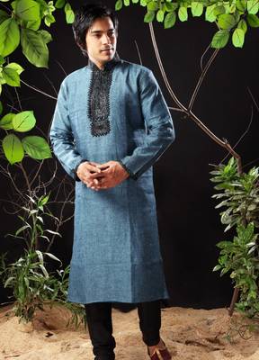 Turquoise embroidered linen kurta-pajama 1