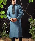 Turquoise embroidered linen kurta-pajama