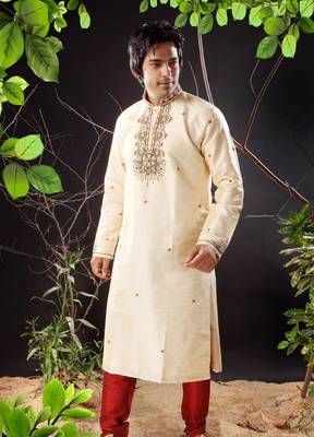 Fawn embroidered art silk kurta-pajama 1