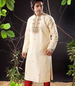 Fawn embroidered art silk kurta-pajama