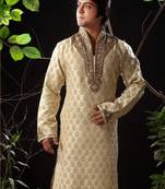 Fawn embroidered art silk kurta-pajama