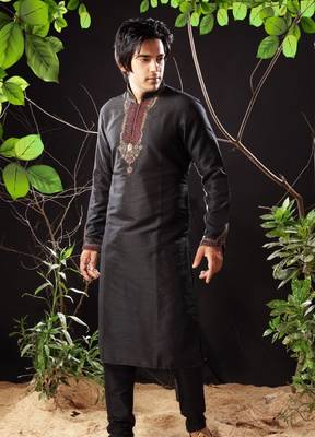 Black embroidered art silk kurta-pajama 1