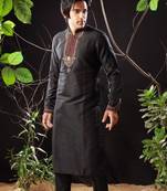 Black embroidered art silk kurta-pajama