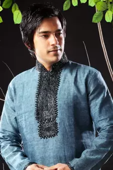 Turquoise embroidered linen kurta-pajama
