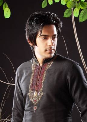 Black embroidered art silk kurta-pajama 2