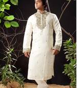Fawn embroidered art silk kurta-pajama